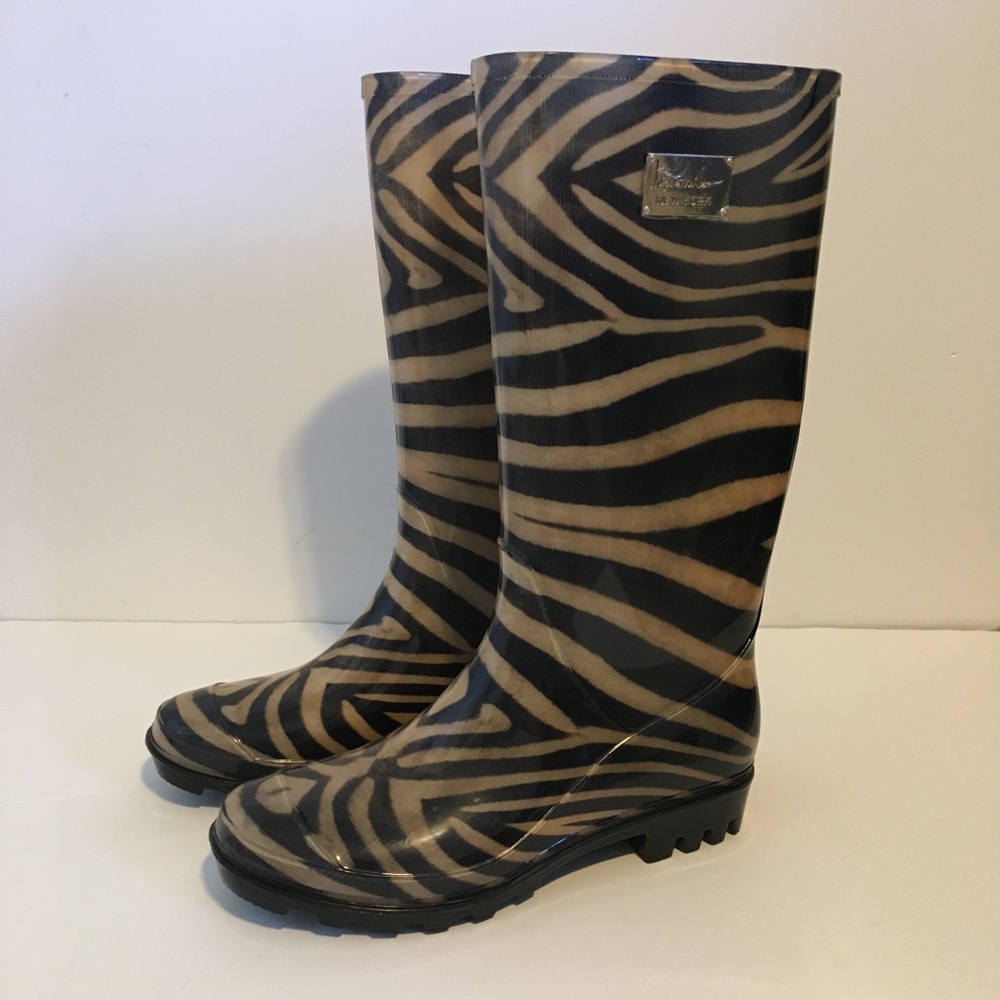 Nicole Miller Zebra Print Rain Boots - Gray and Tan
